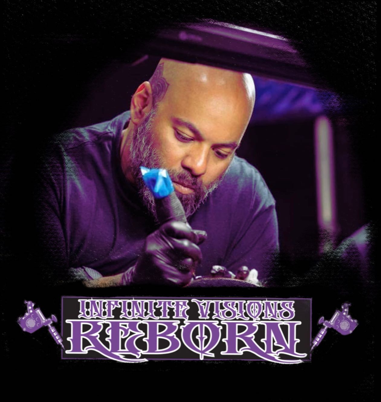 Tito Santiago tattooing under purple studio lights